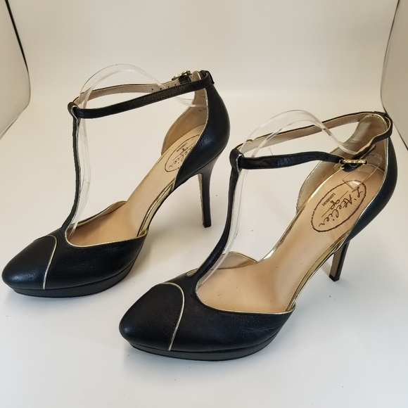 L'Atelier London Womans Size 9.5AA Sienna Black Gold Pumps Spiked Heel T Strap - Picture 1 of 11